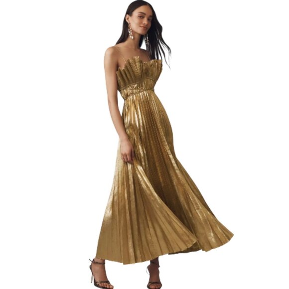 ANTHROPOLOGIE ACLER GOLD METALLIC DRESS LONG MAXI CHIC WEDDING SIZE MEDIUM - Picture 3 of 4